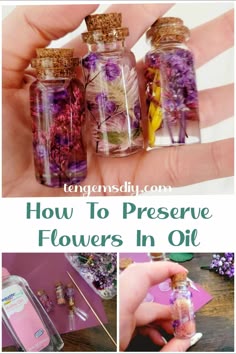 This may contain: how to preserve flowers in oil from being used as an art project for kids and adults