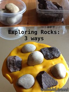 This may contain: there are some rocks on top of the cake and another is next to it with yellow icing
