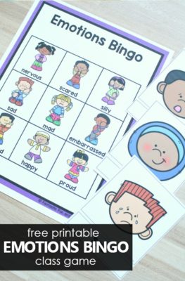 Free printable emotions bingo class game to help kids learn about feelings and social emotional development