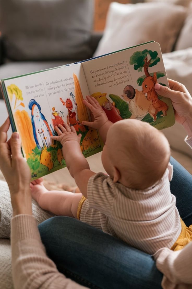 This may contain: a woman is reading a book to her baby