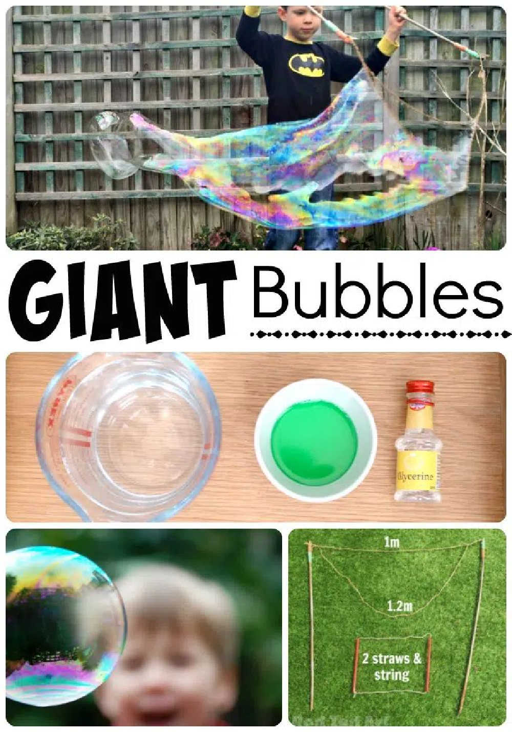 Collage of photos of kids making and blowing giant bubbles outdoors