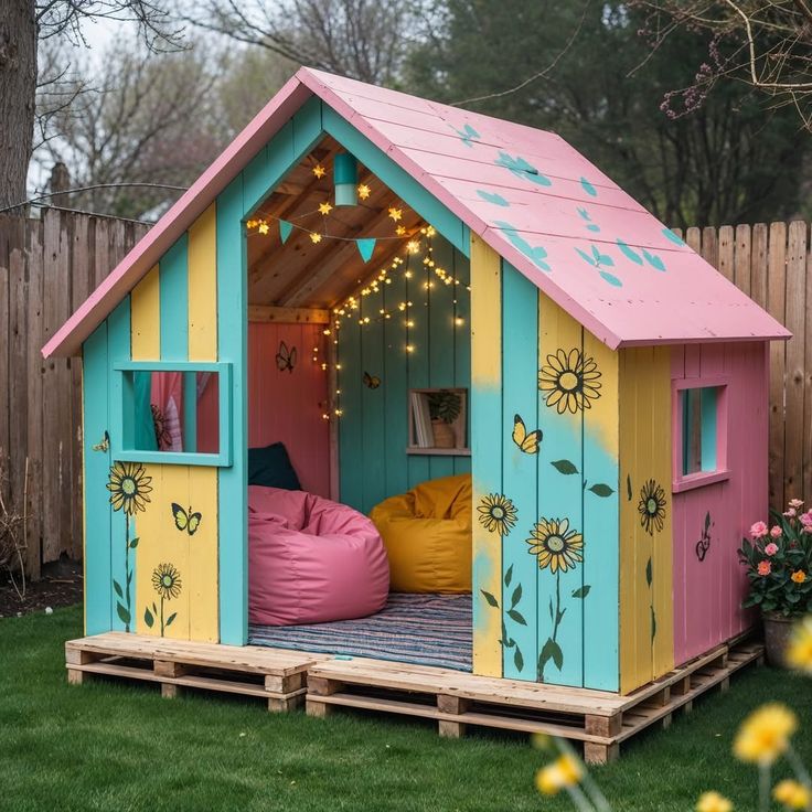 This may contain: a child's play house made out of wood pallets and painted in bright colors