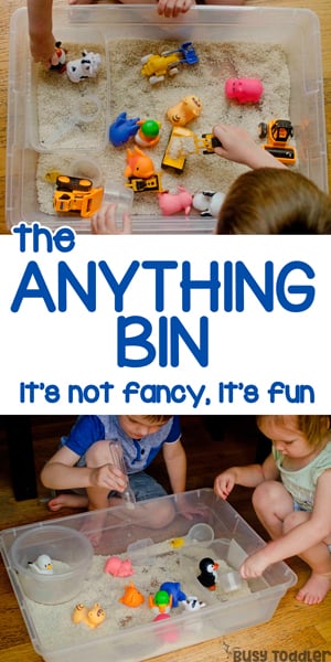 THE ANYTHING BIN: Sensory bins don't have to be pretty to be awesome; sensory bin for toddlers; toddler indoor activity; toddler learning activity; toddler sensory play from Busy Toddler
