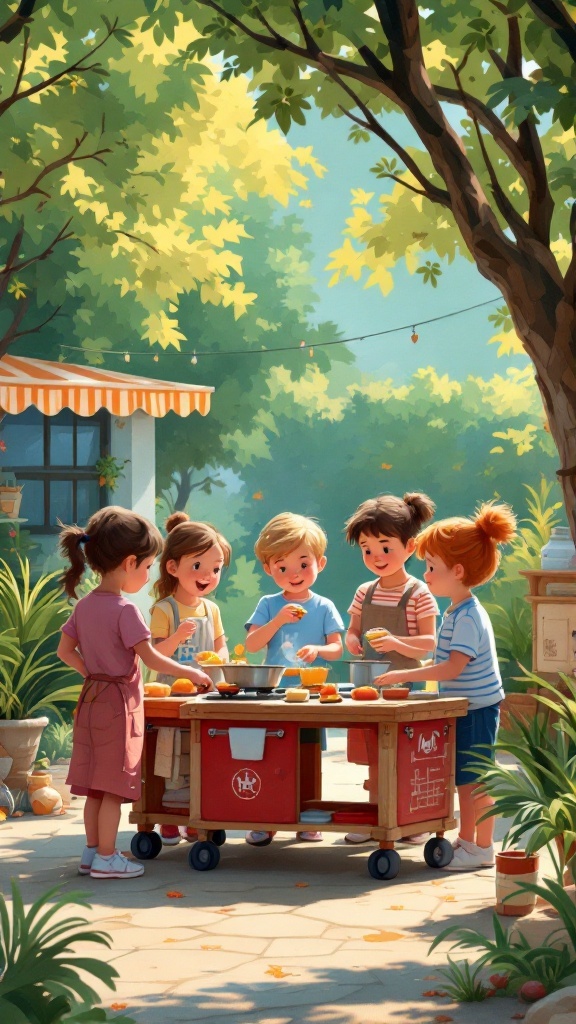 Children happily cooking together in a sunny backyard, preparing fruit dishes at a colorful cart.