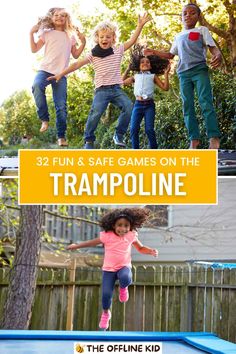 This may contain: kids jumping on trampoline with text overlay reading,'fun & safe games on the trampoline '