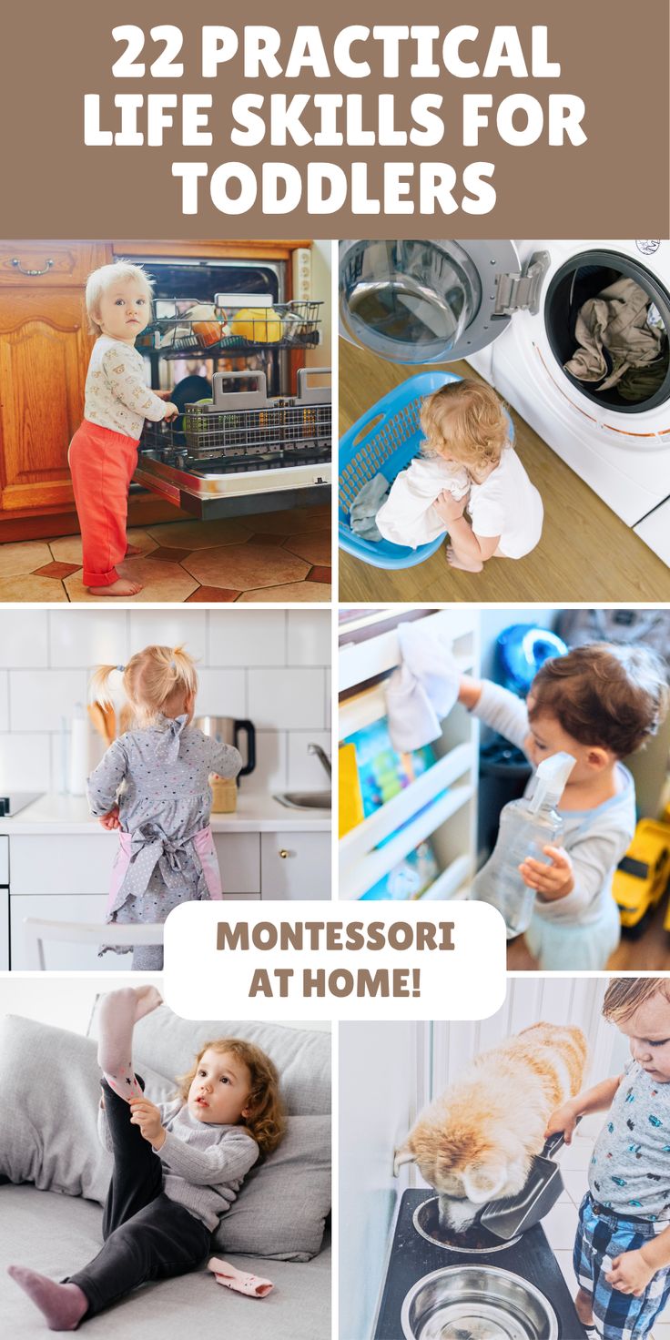 This contains: Practical life Montessori activities for toddlers for toddler learning and developmental milestones.
