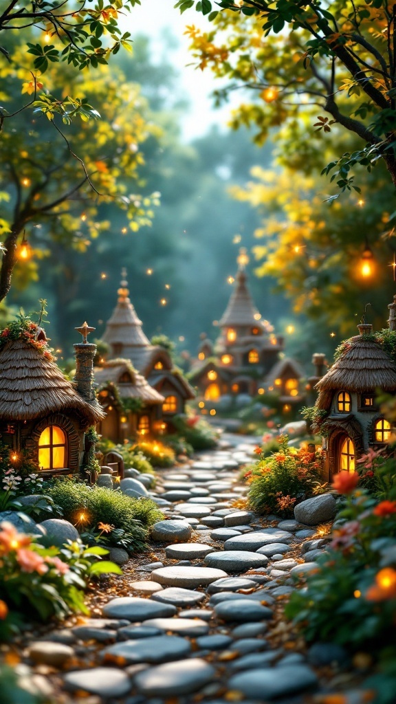 A whimsical fairy village with tiny houses, a stone pathway, and vibrant flowers in a garden setting.