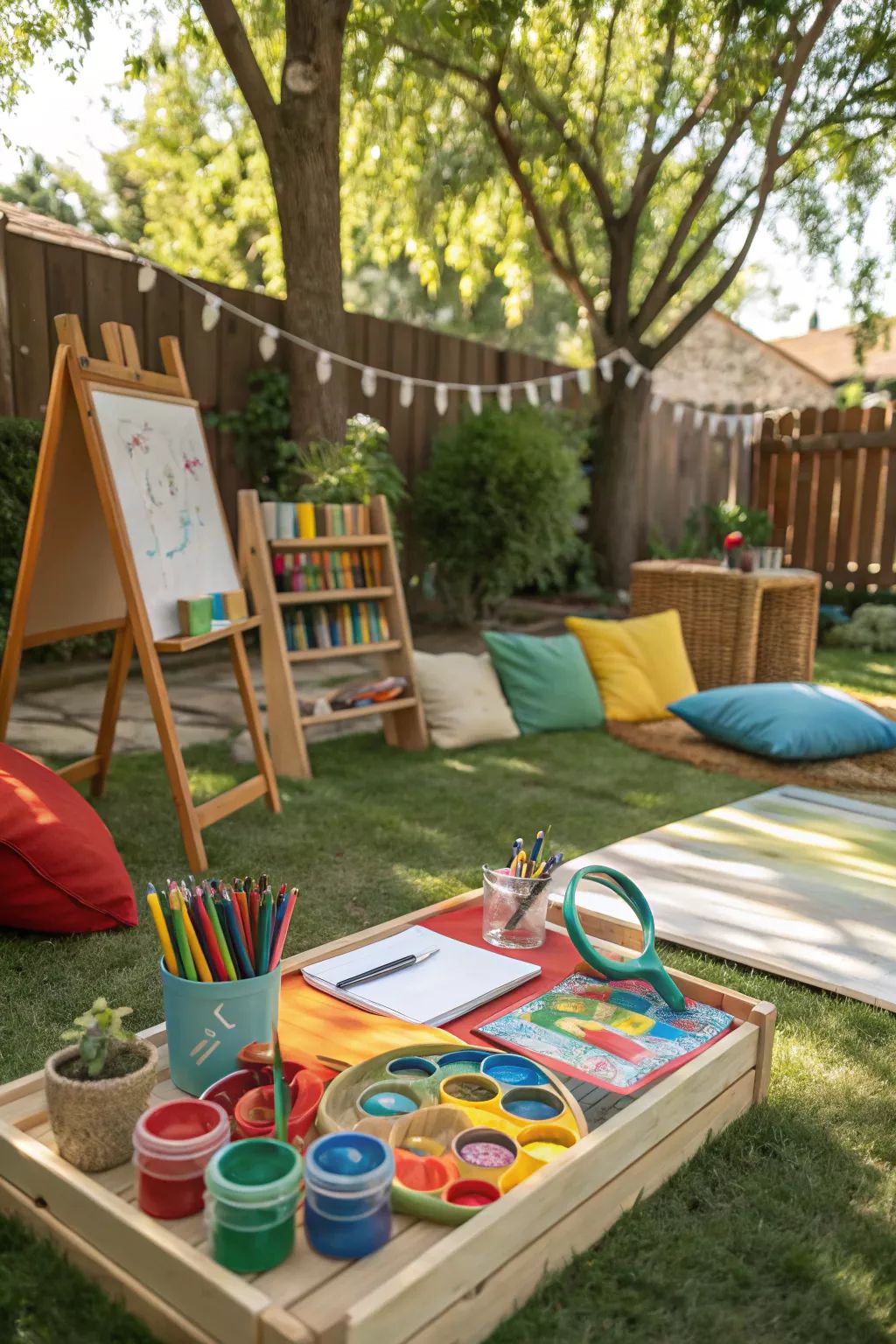 This may contain: an outdoor play area with a basketball hoop and red chair in the middle of it